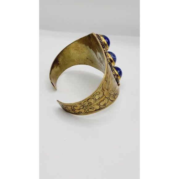 Vintage Decorative Wide Brass & Lapis Cuff Bracelet (A417) - Picture 3 of 4